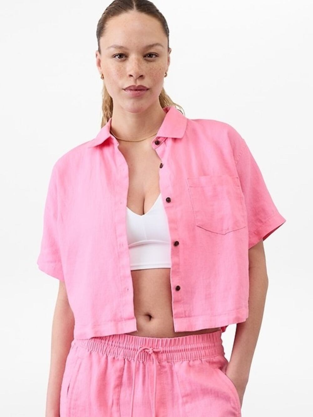 Athleta Retreat Linen Short Sleeve Shirt in vibrant pink size Small MSRP $89
